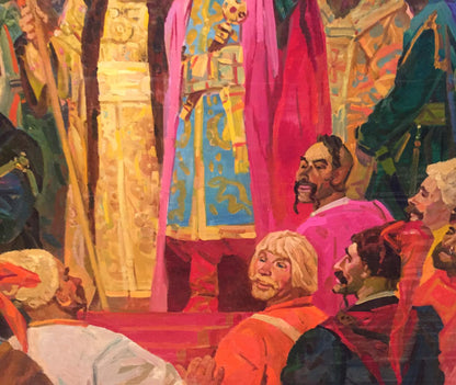 Vibrant pink gold robe with blue embroidery in Samilenko cathedral oil painting