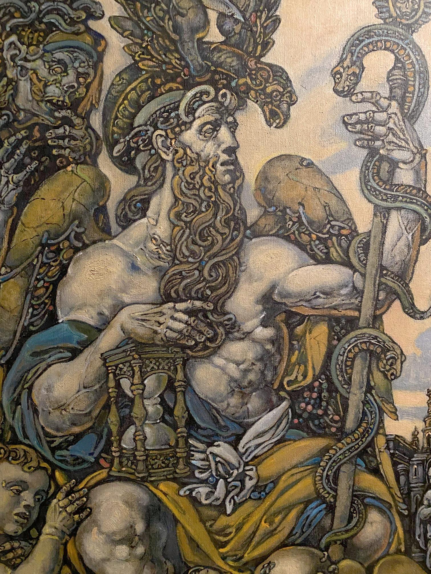 Oil painting by Litvinov Oleg Arkad’yevich of muscular bearded king on throne