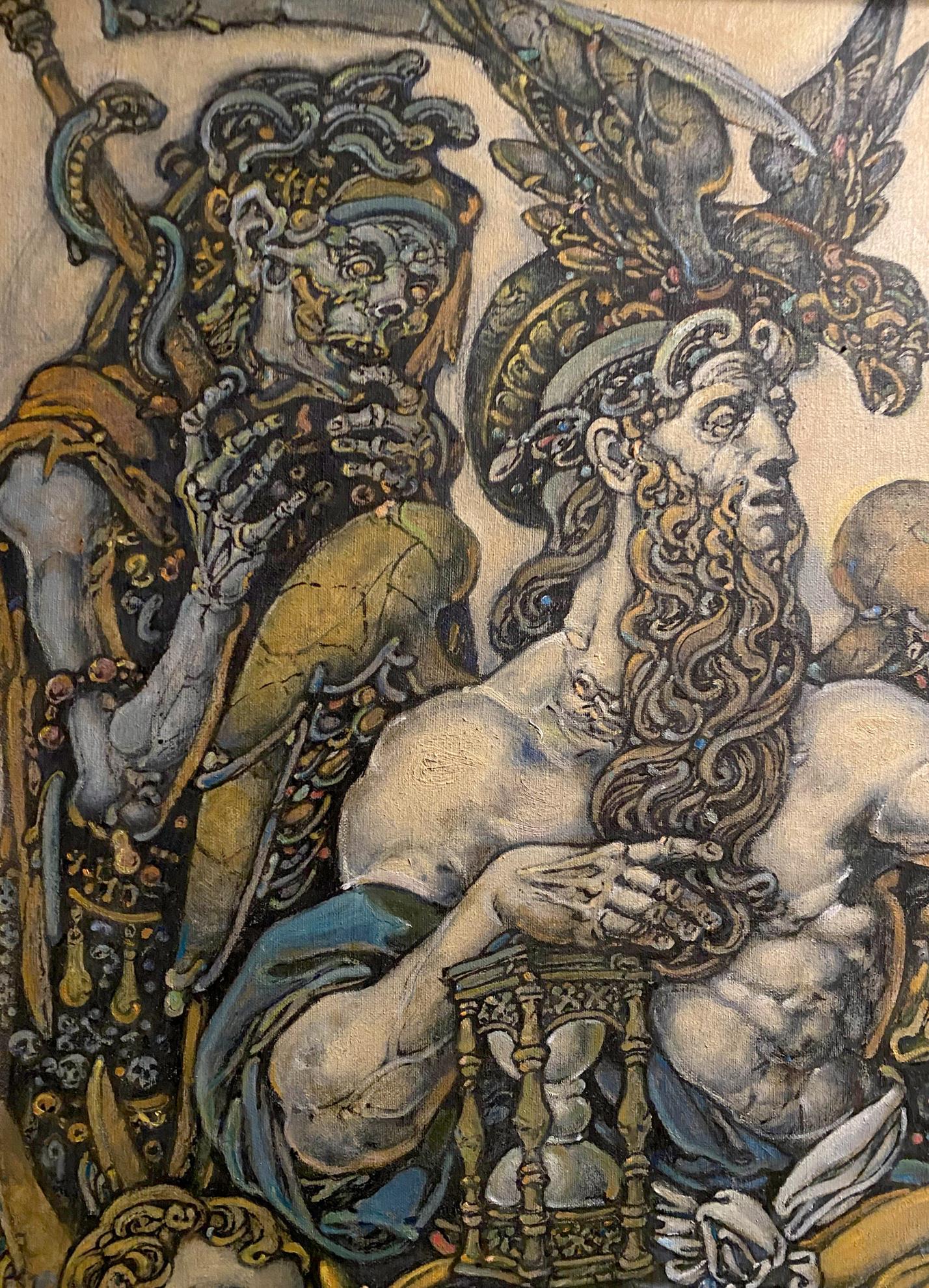Oil painting by Litvinov Oleg Arkad’yevich of skeletal and muscular mythological figures