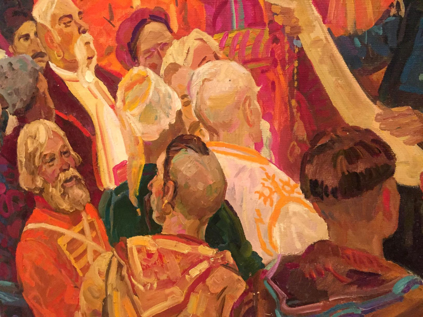 Vibrant oil painting of Cathedral assembly by Samilenko, men in ornate robes