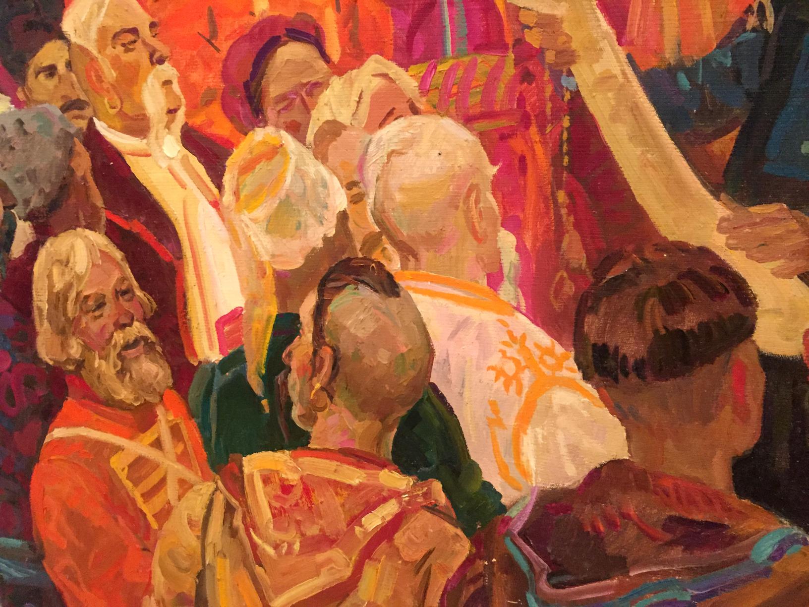 Vibrant oil painting of Cathedral assembly by Samilenko, men in ornate robes