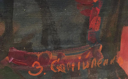 Bold red Samilenko signature on dark textured canvas back of Oil painting Cathedral assembly