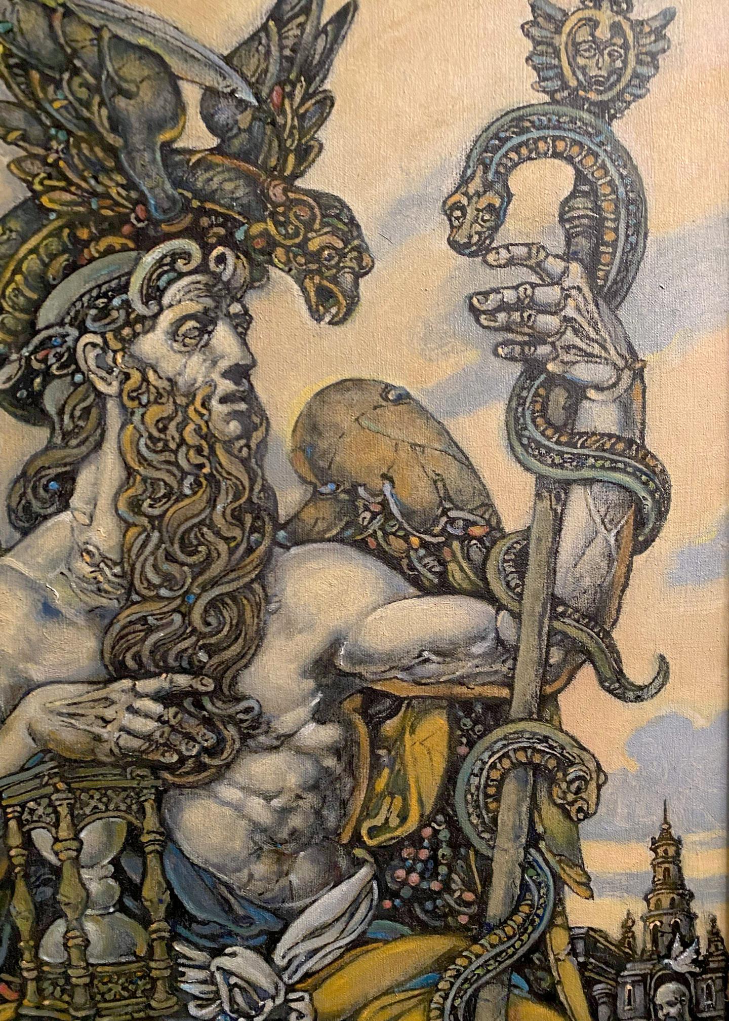 Mythological muscular figure in ornate winged golden headgear by Litvinov Oleg Arkad’yevich oil painting