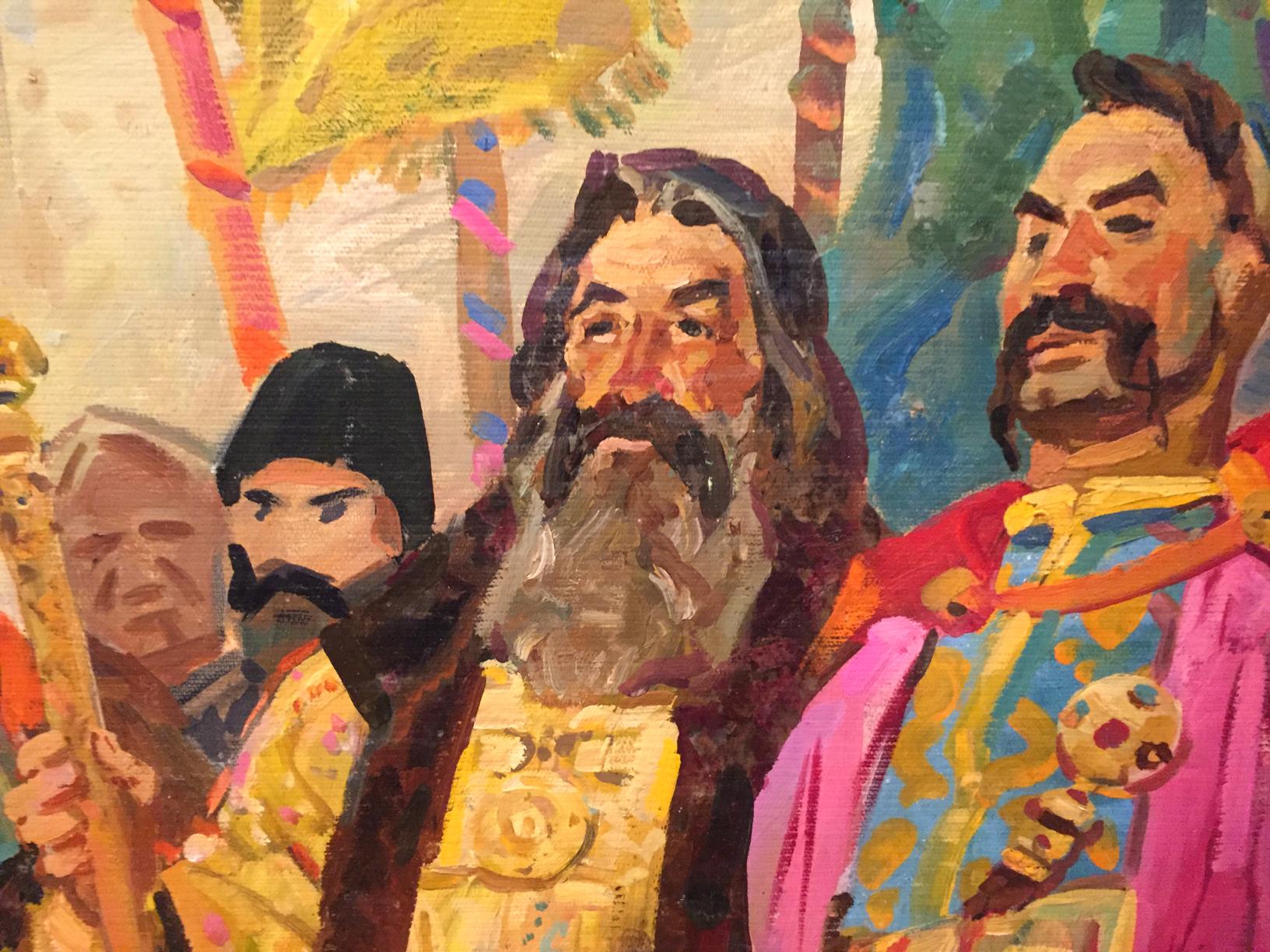 Oil painting of Cathedral assembly by Samilenko: three bearded men in ornate robes