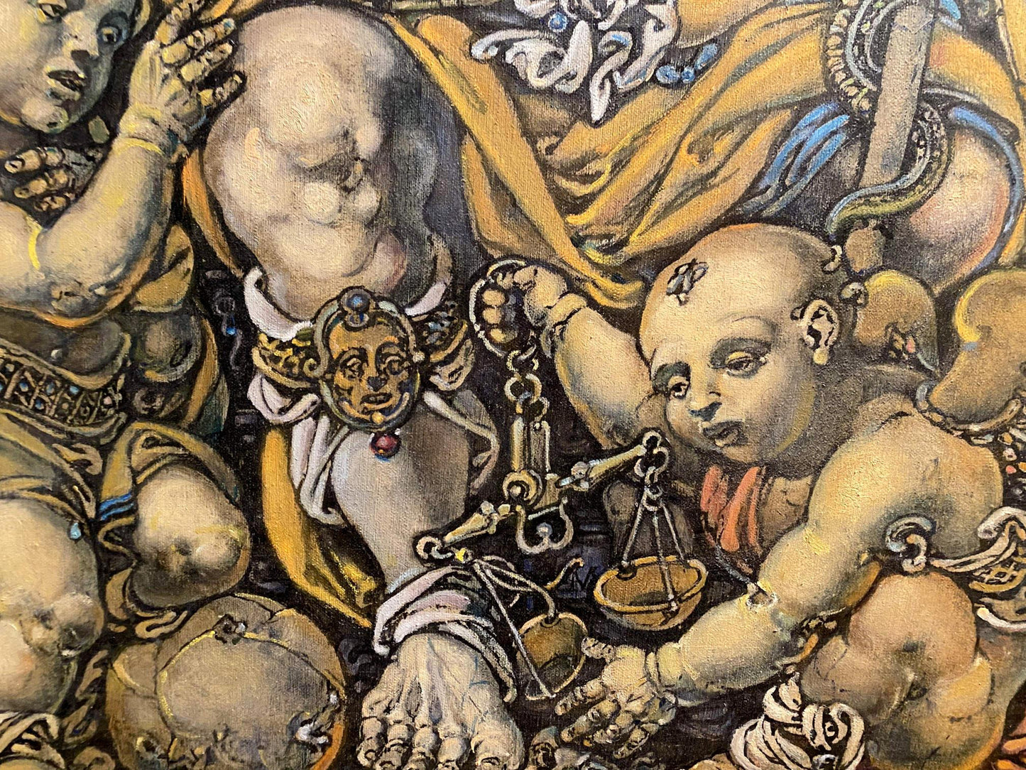Oil painting by Litvinov Oleg Arkad’yevich of chubby bald child with golden scales