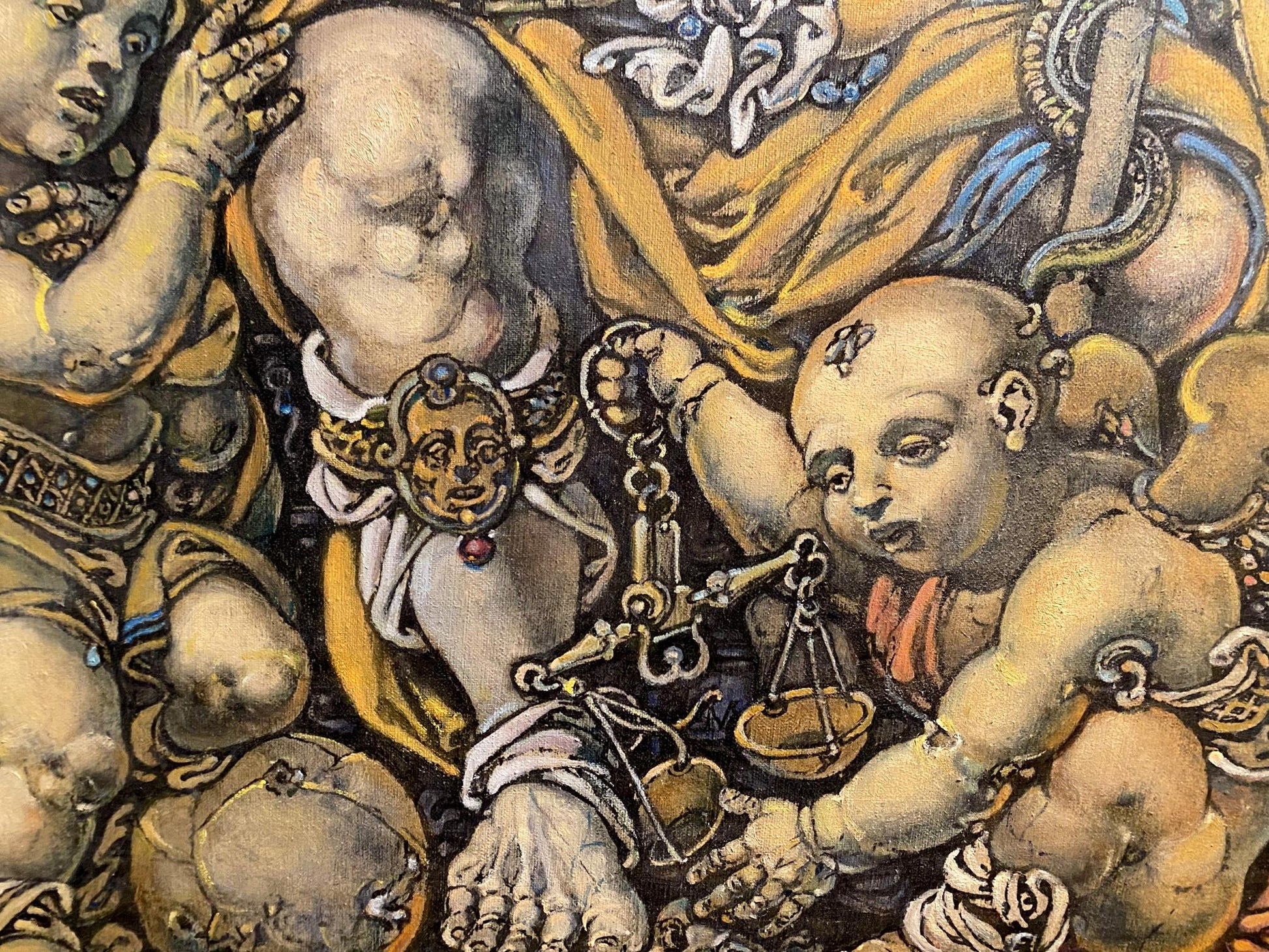 Oil painting by Litvinov Oleg Arkad’yevich of chubby bald child with golden scales