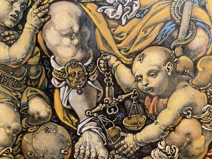 Oil painting by Litvinov Oleg Arkad’yevich of chubby bald child with golden scales
