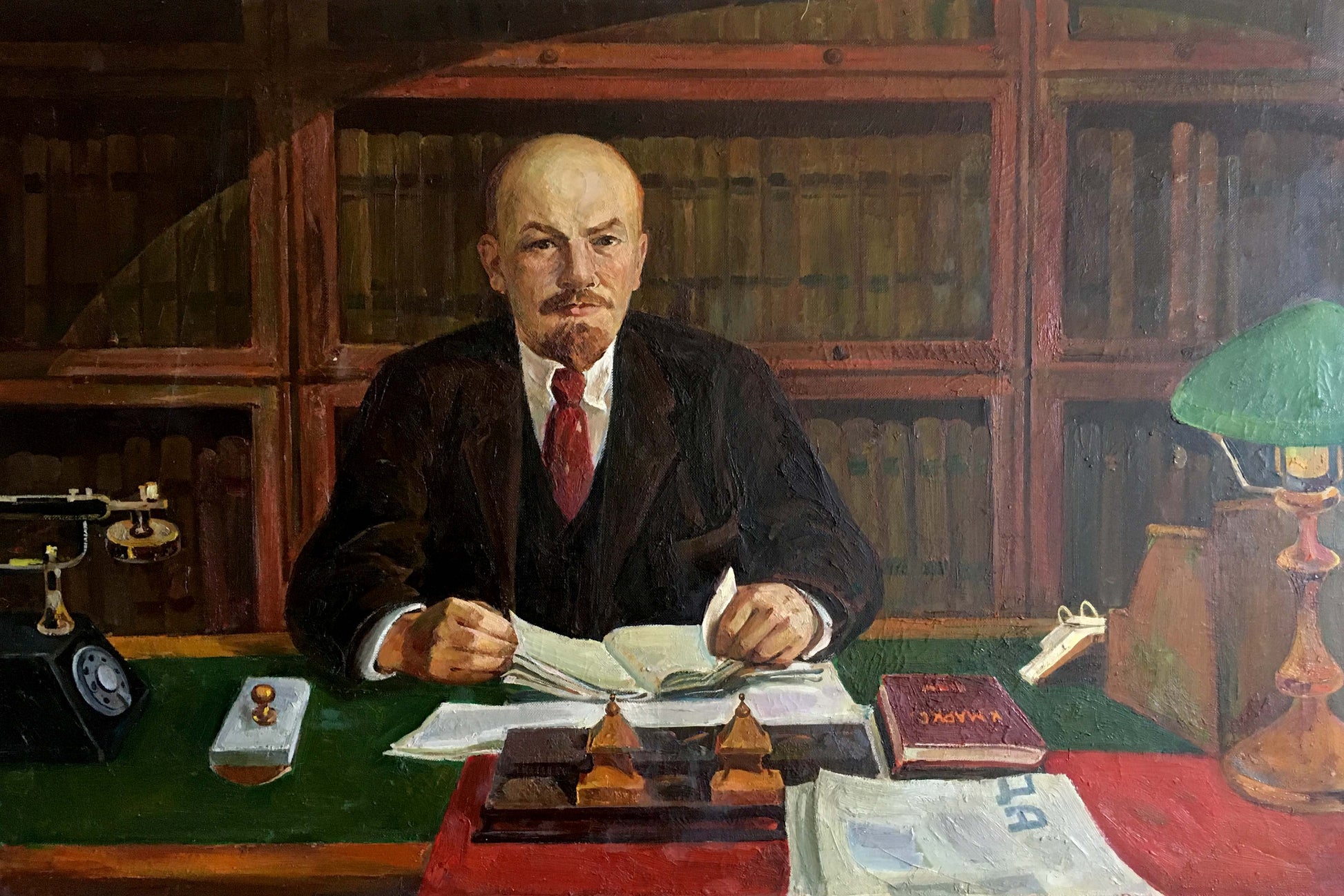 Oil painting of Vladimir Lenin at the table in classic style