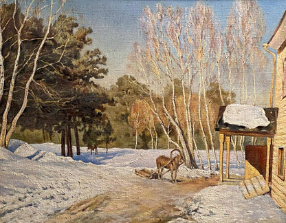 Oil painting by Litvinov Arkady Petrovich: brown goat on snow-dusted path by shed