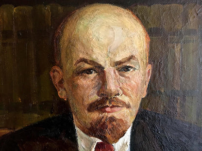 Oil painting of Vladimir Lenin at the table, textured portrait