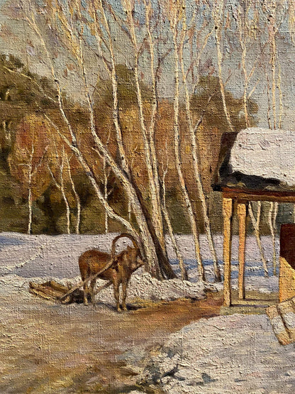 Oil painting Winter march by Litvinov Arkady Petrovich: brown goat in snow