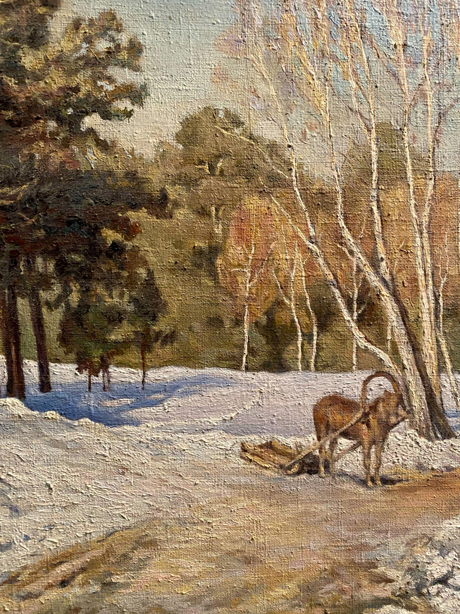 Winter march by Litvinov Arkady Petrovich oil painting of horned ox plowing snow