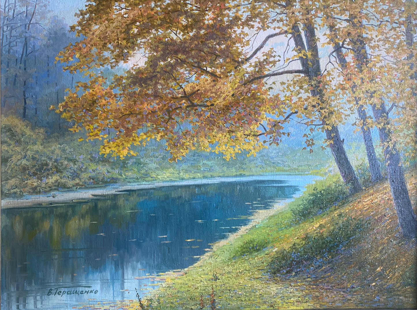Serene autumn river oil painting by Valentin Stepanovich Tereshenko