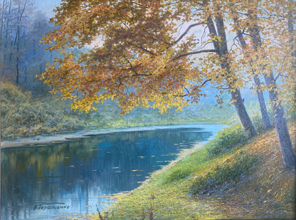 Serene autumn river oil painting by Valentin Stepanovich Tereshenko