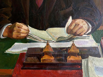 Dark wooden inkwell with golden pagoda lids on red surface in Lenin oil painting