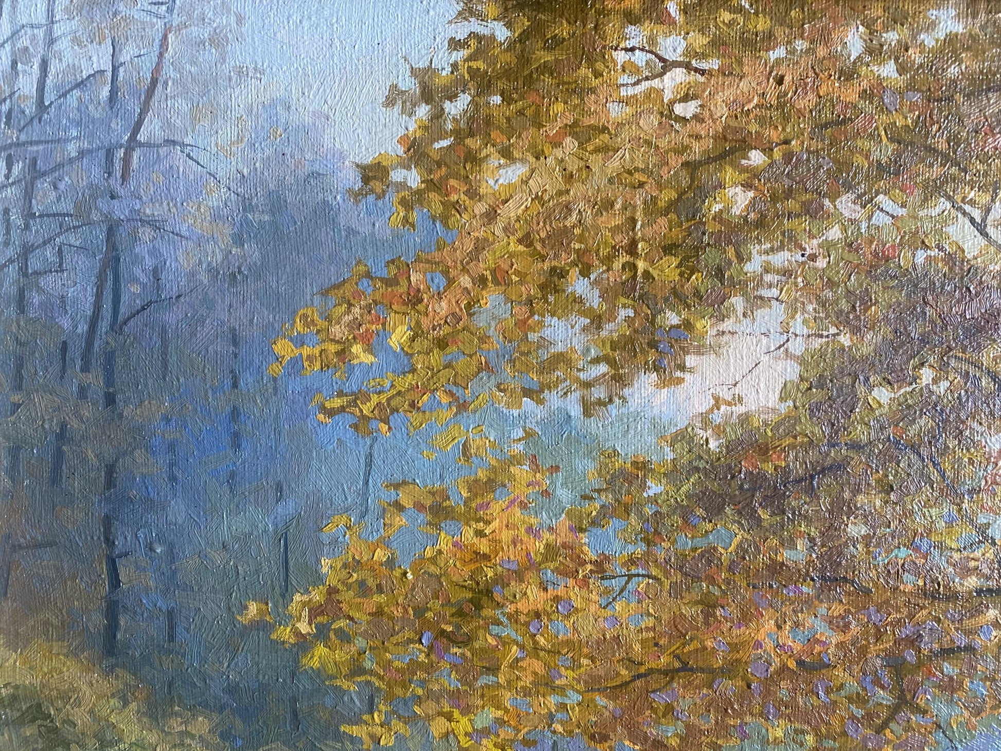 Oil painting Autumn by Valentin Stepanovich Tereshenko, golden leaves on blue sky