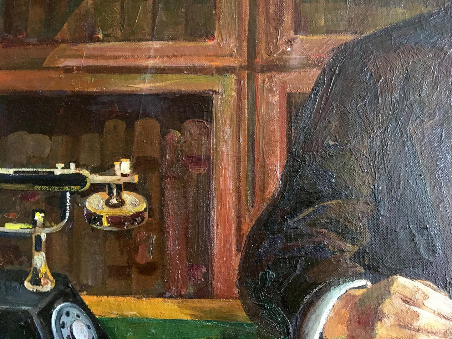 Oil painting of Lenin at table with black rotary phone gold accents