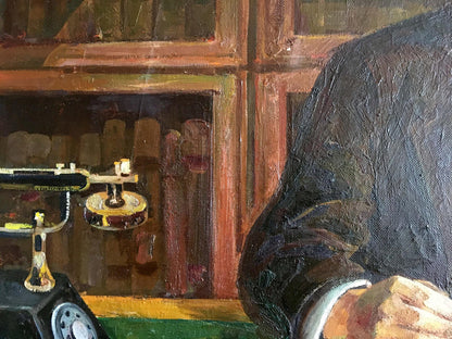 Oil painting of Lenin at table with black rotary phone gold accents