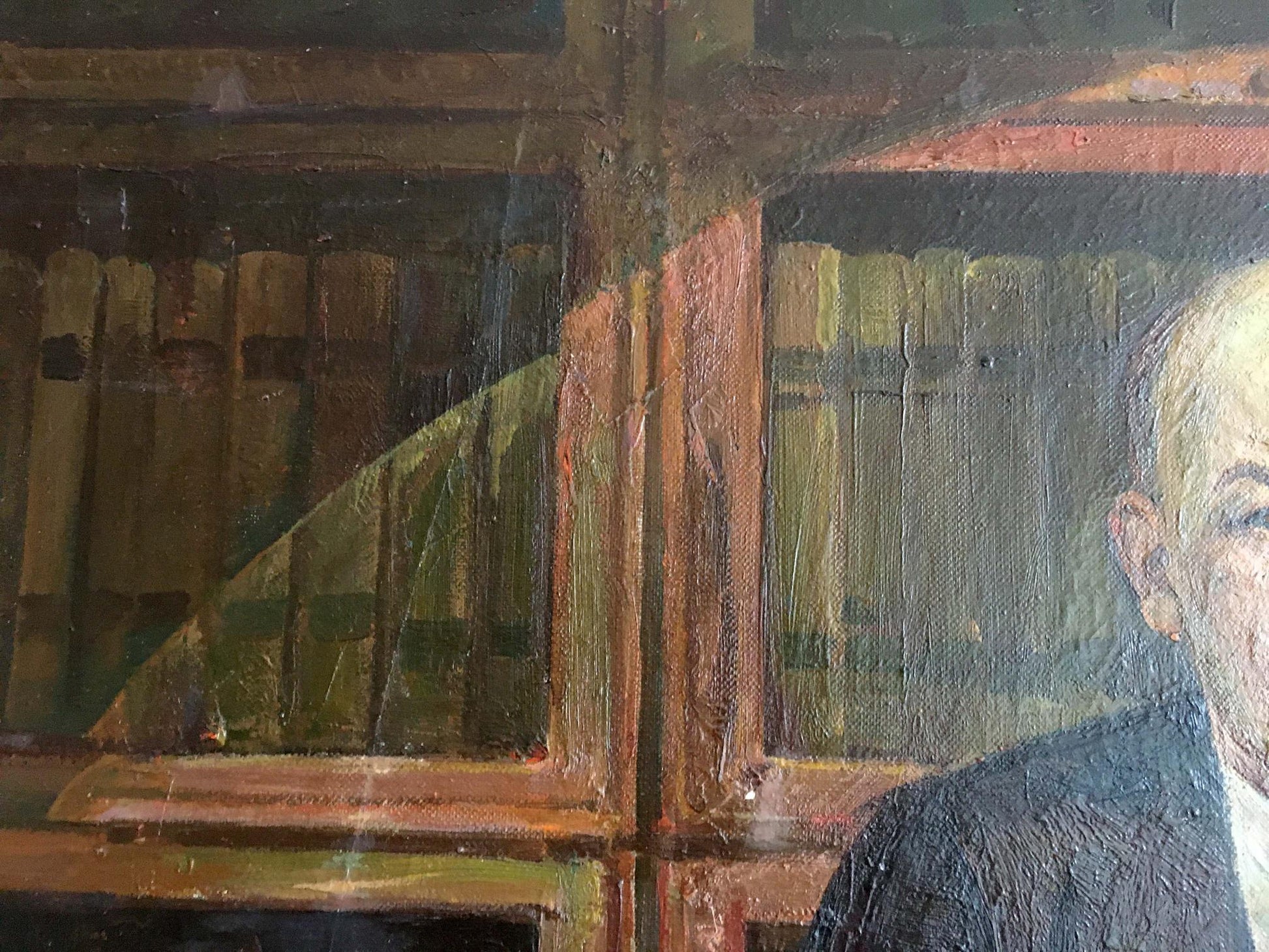 Oil painting of Lenin at table, textured man in dark attire on warm bookshelf