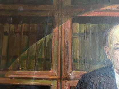Oil painting of Lenin at table, textured man in dark attire on warm bookshelf