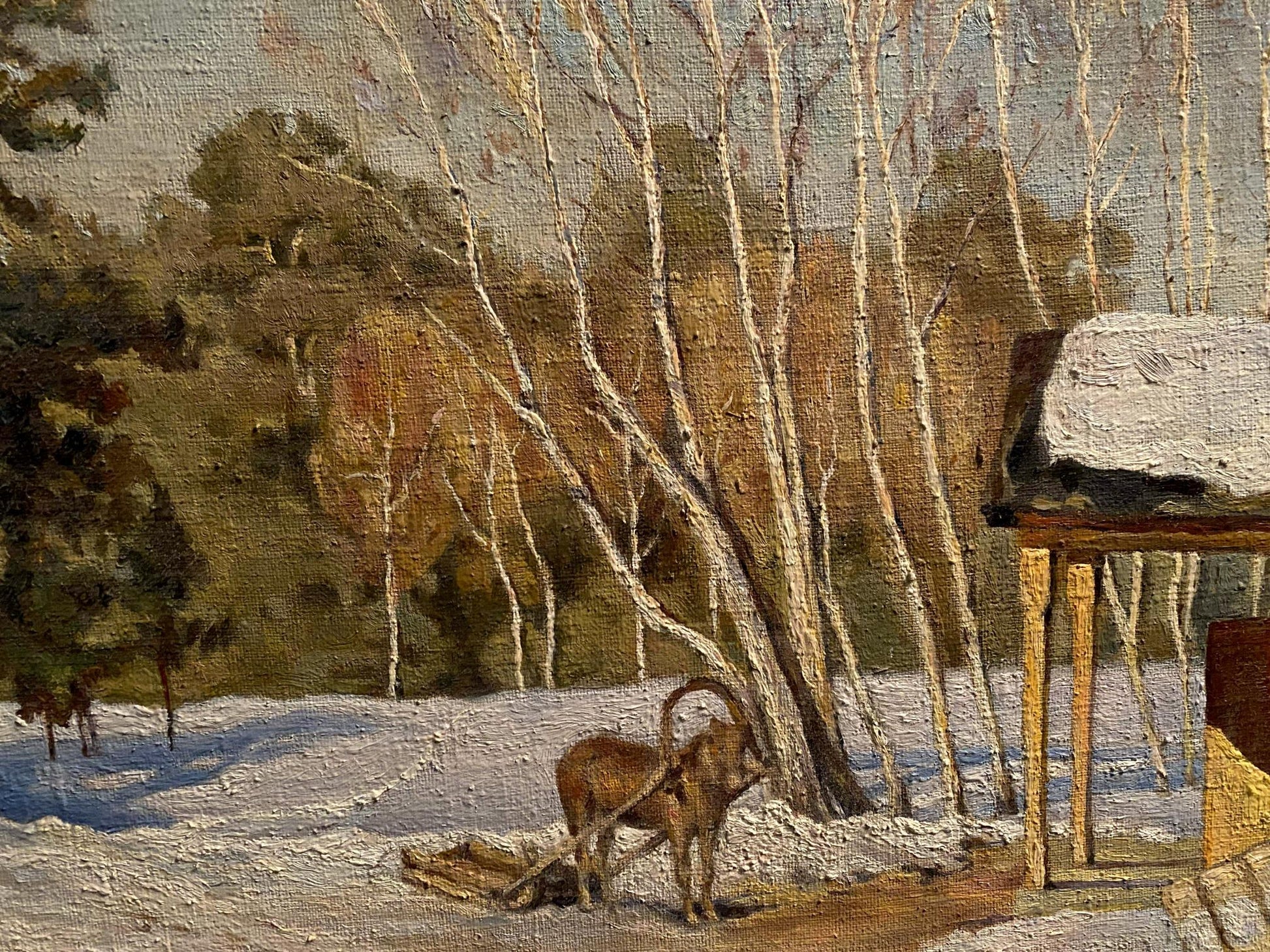 Oil painting Winter march by Litvinov Arkady Petrovich: brown goat by birch trees in snow