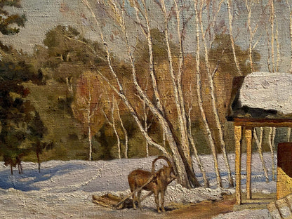 Oil painting Winter march by Litvinov Arkady Petrovich: brown goat by birch trees in snow