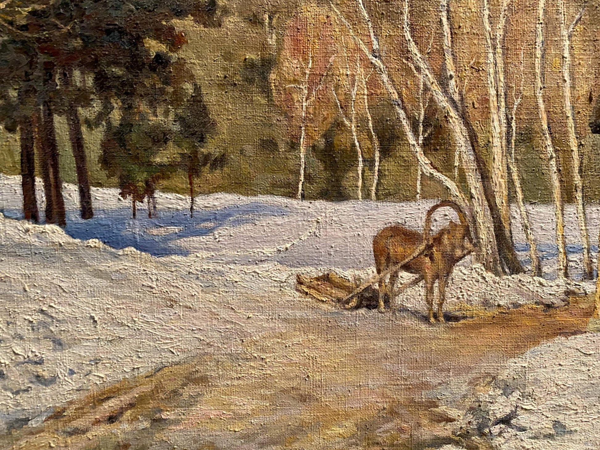 Oil painting Winter march by Litvinov Arkady Petrovich: brown goat in snow