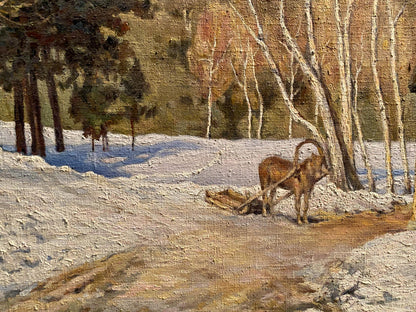 Oil painting Winter march by Litvinov Arkady Petrovich: brown goat in snow