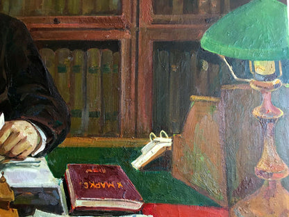 Vintage green glass table lamp on ornate brass base in Oil painting Lenin at the table