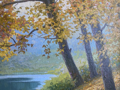 Oil painting by Autumn Valentin Stepanovich Tereshenko: golden trees by blue lake