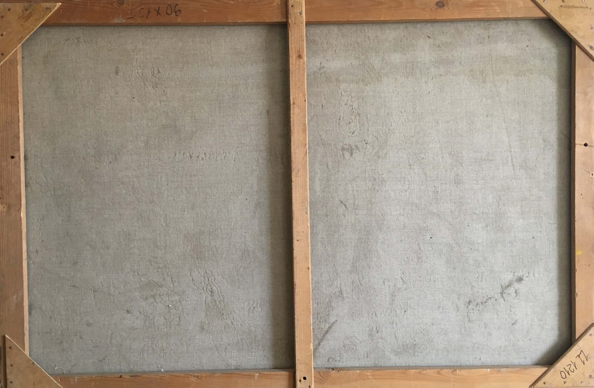Back of wooden-framed oil painting Lenin at the table with gray textured panels