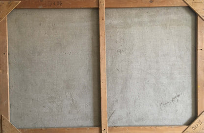 Back of wooden-framed oil painting Lenin at the table with gray textured panels