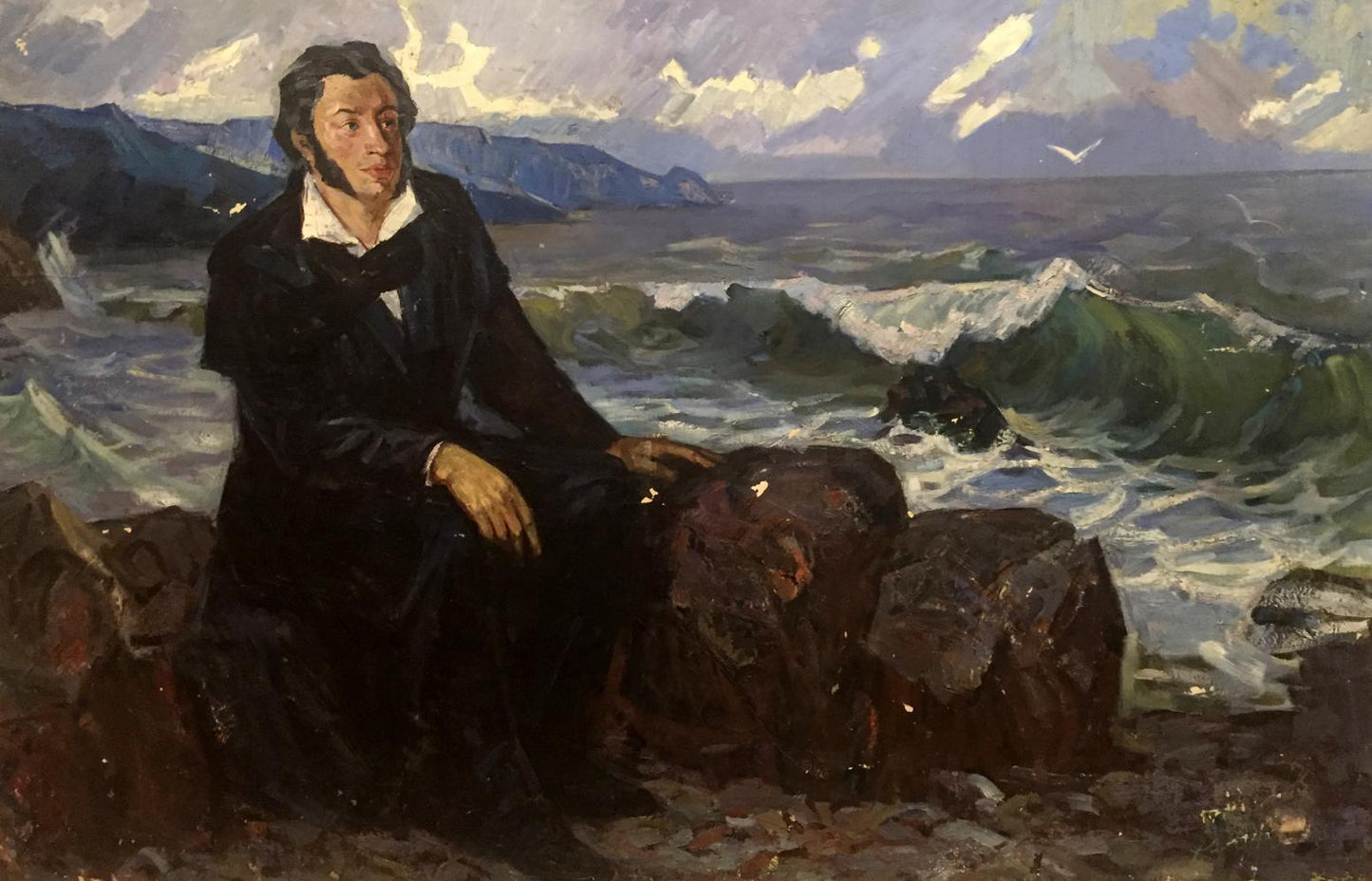 Oil painting of contemplative Pushkin in dark coat on sea rocks
