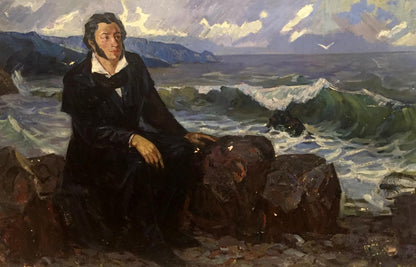Oil painting of contemplative Pushkin in dark coat on sea rocks