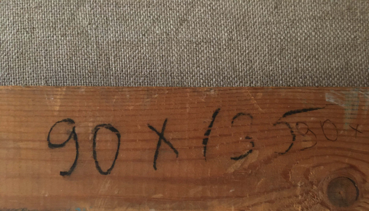 Back of Oil painting Lenin at the table with handwritten 90 x 15.8 inch label on wood