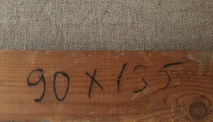 Back of Oil painting Lenin at the table with handwritten 90 x 15.8 inch label on wood