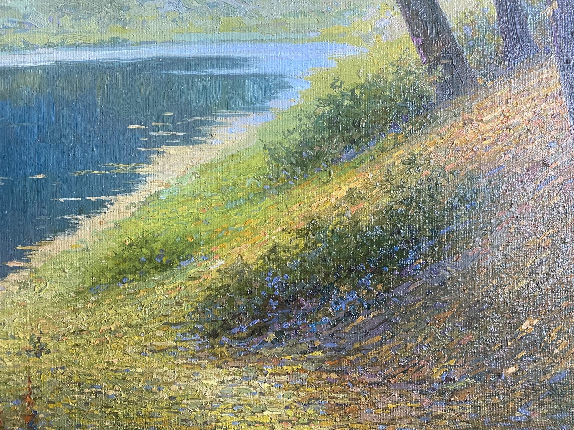 Oil painting by Autumn Valentin Stepanovich Tereshenko: sunlit grassy slope by blue water