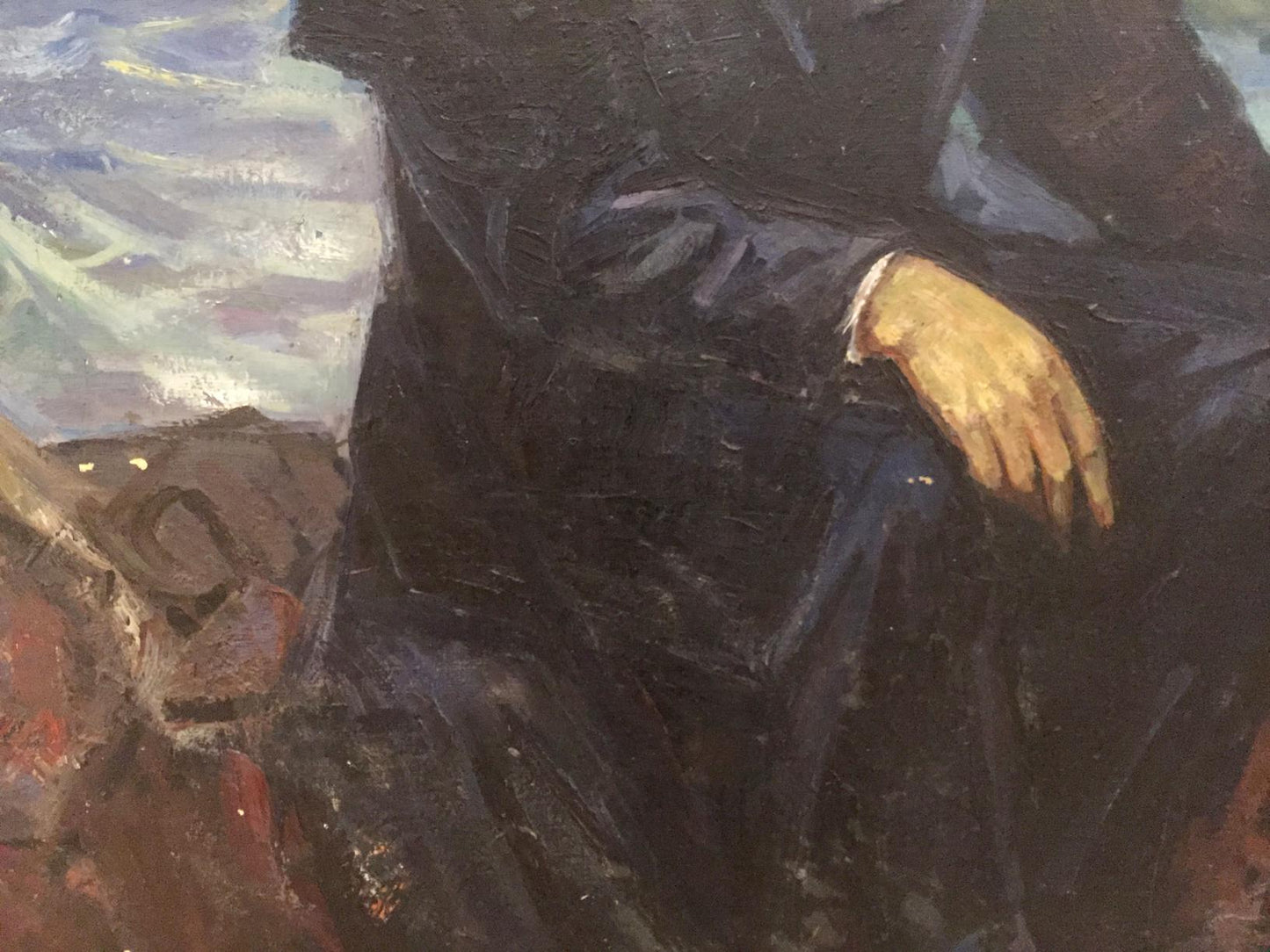 Oil painting of Alexander Sergeevich Pushkin textured hand in dark suit white cuff