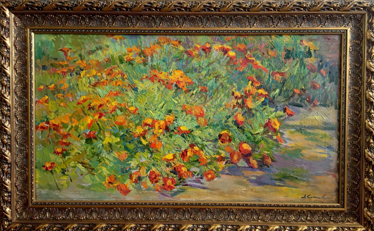 Oil painting of orange yellow flowers by Sokolova Zinaida Ivanovna