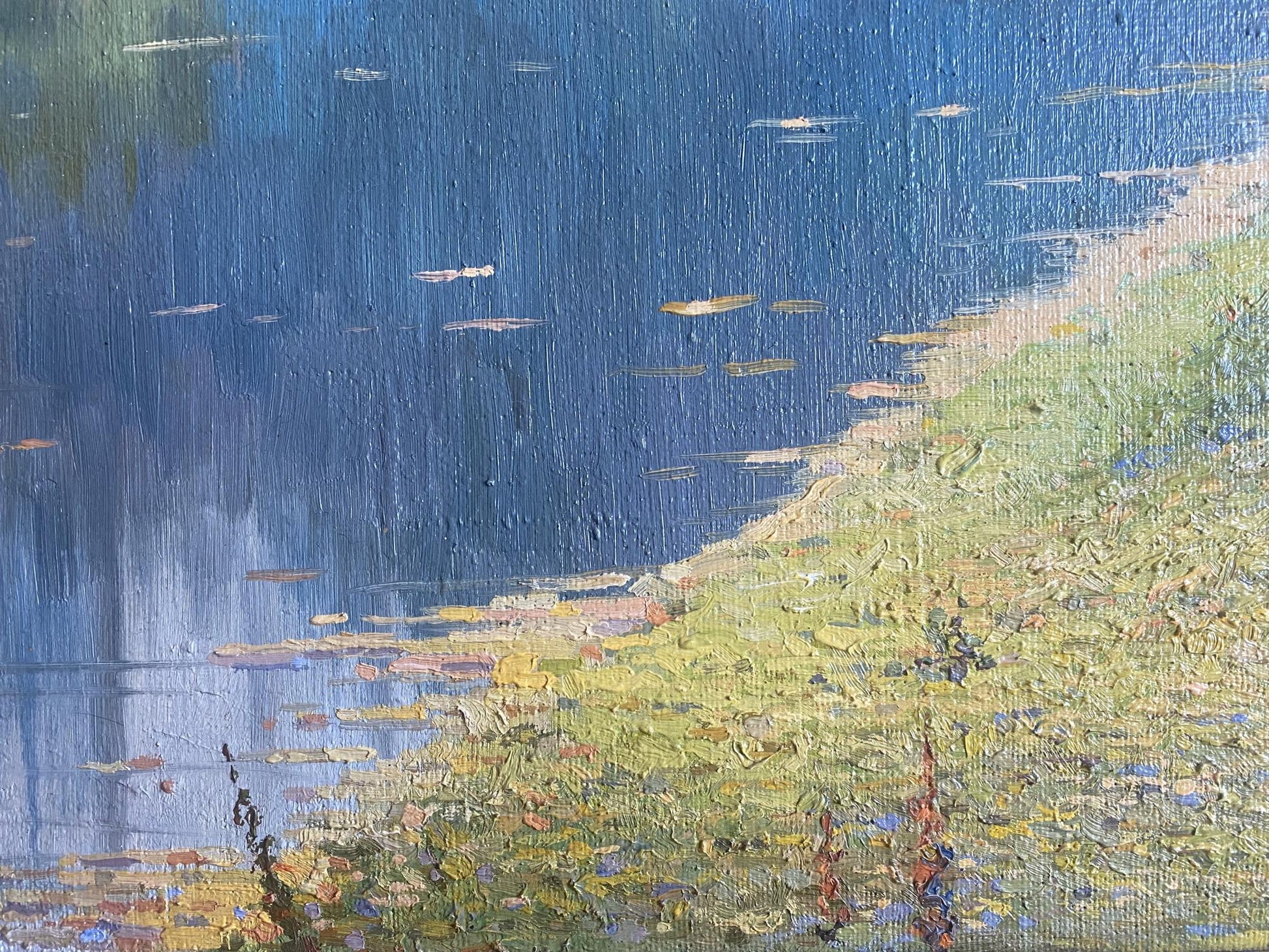 Oil painting by Autumn Valentin Stepanovich Tereshenko: green hillside and blue water