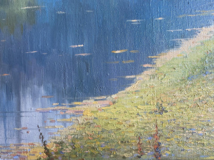 Oil painting by Autumn Valentin Stepanovich Tereshenko: green hillside and blue water
