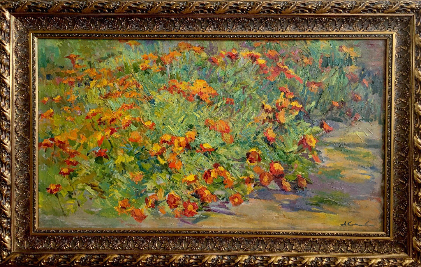Oil painting by Sokolova Zinaida Ivanovna: orchid and gold-framed orange poppies field