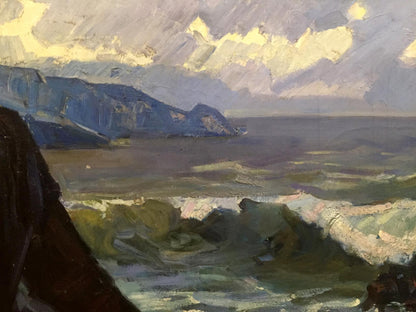 Oil painting of Pushkin: turbulent waves crashing on cliffs