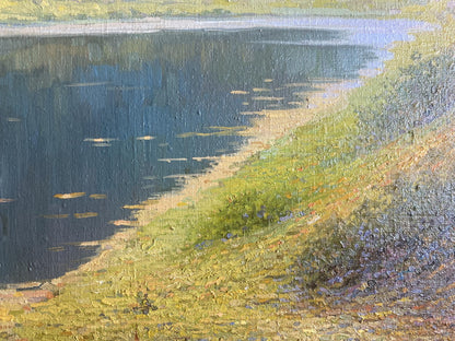 Oil painting Autumn by Valentin Stepanovich Tereshenko: serene lakeshore