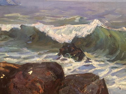 Oil painting by Alexander Sergeevich Pushkin of dramatic green white ocean waves crashing on dark rugged rocks