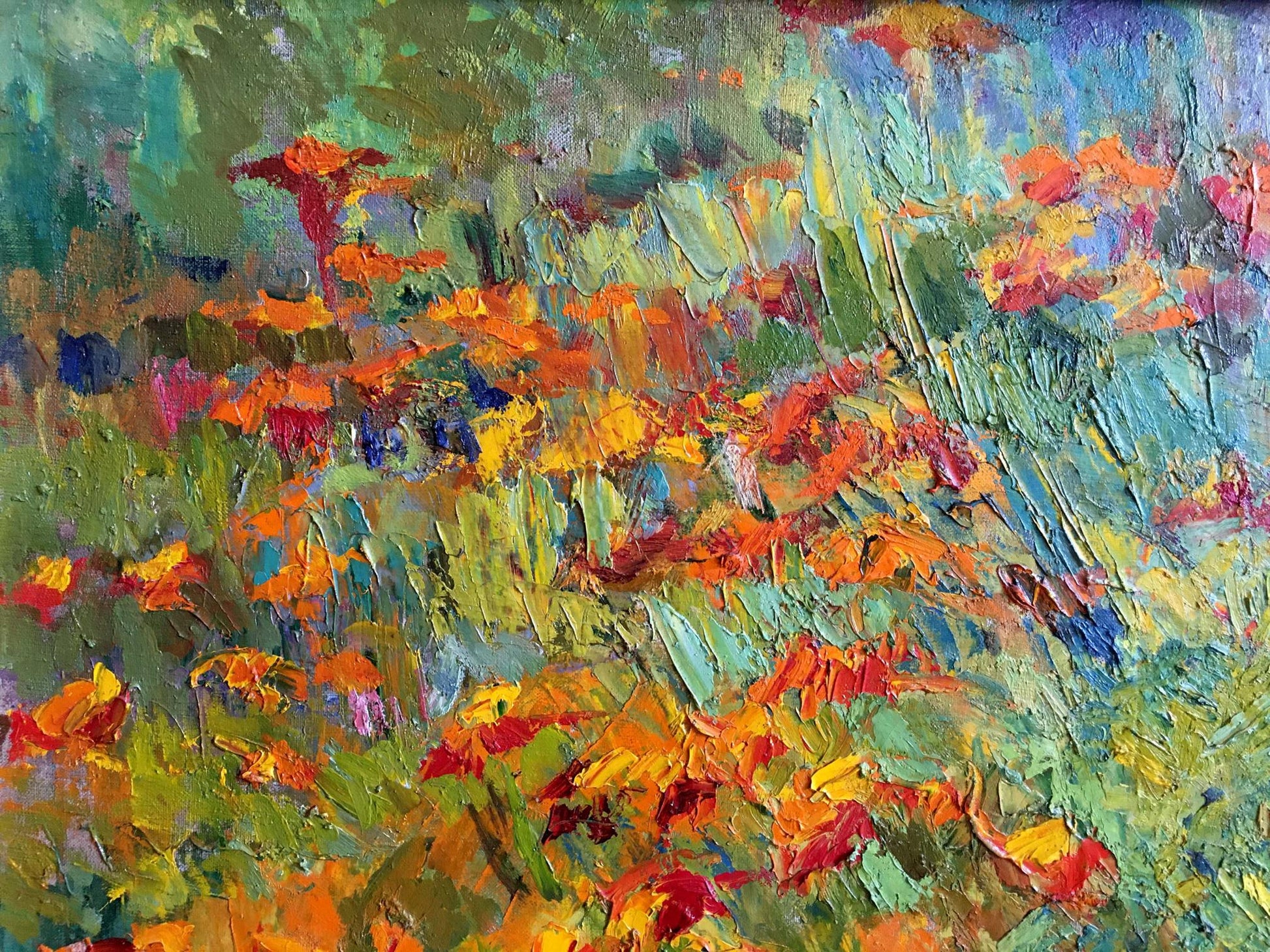 Vibrant impressionist oil painting of orange red flowers by Sokolova Zinaida Ivanovna