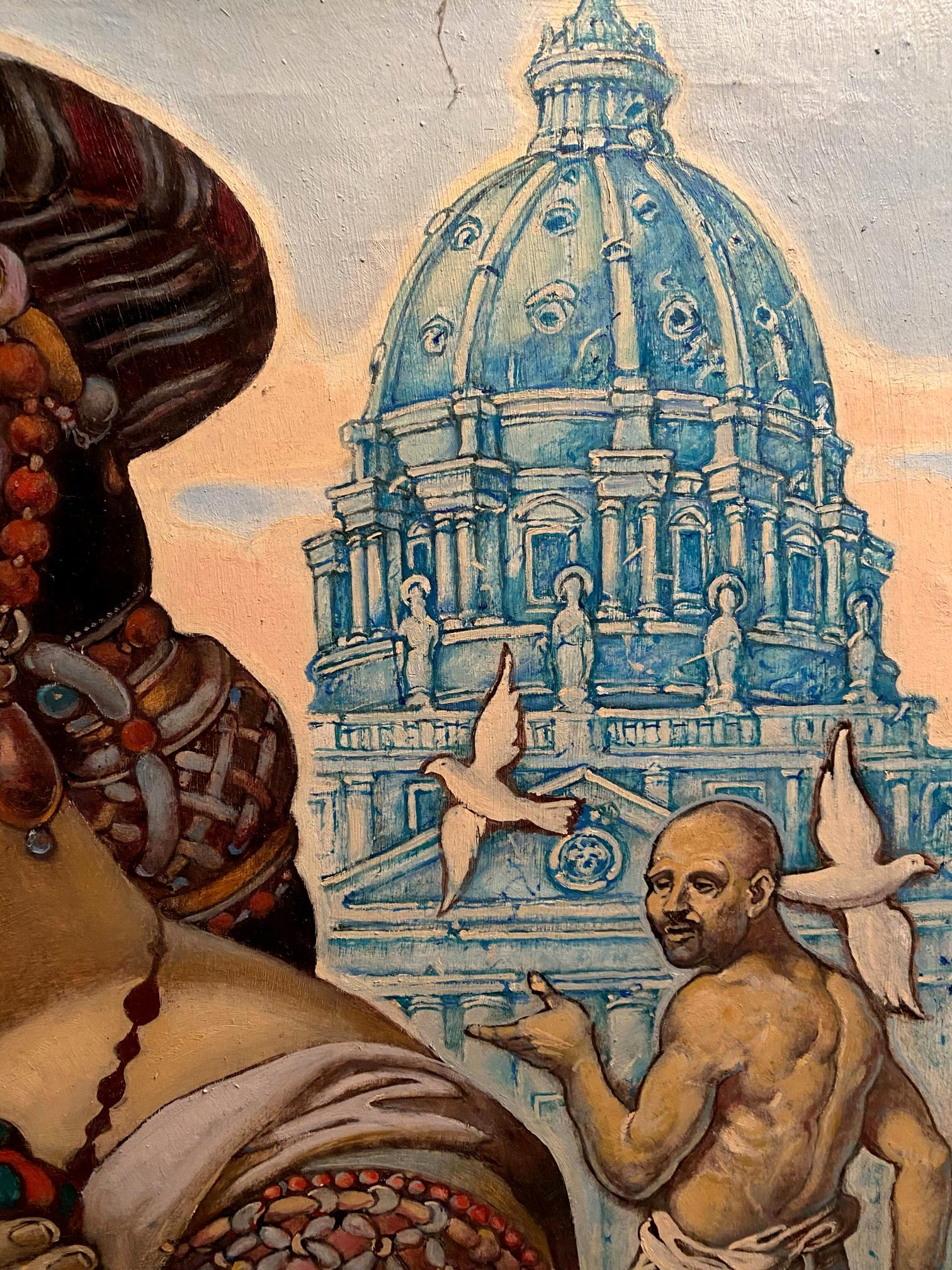 Blue domed Rome cathedral by Oleg Litvinov oil painting against peach sky