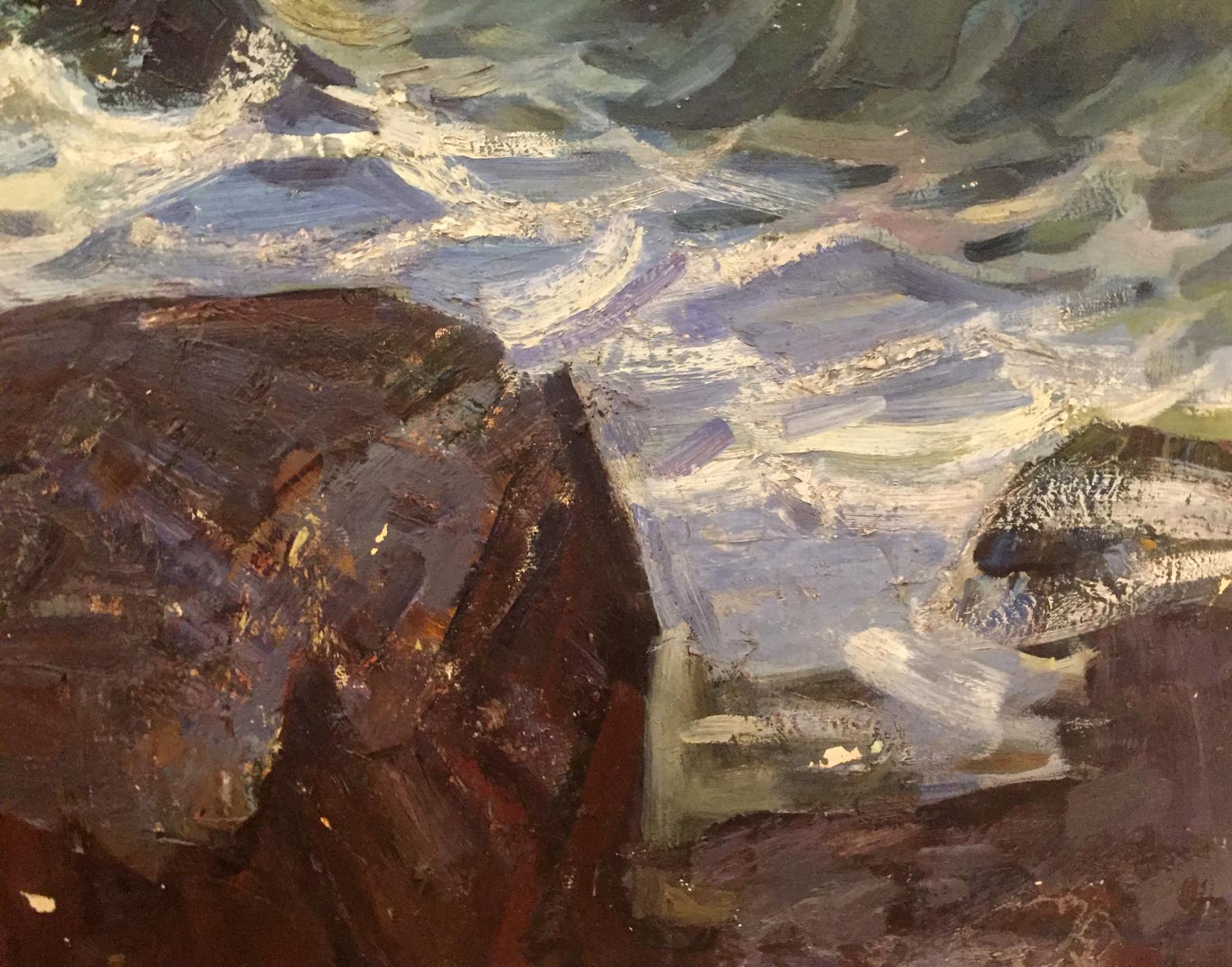 Oil painting of Alexander Sergeevich Pushkin with textured brown rock and gray white fish