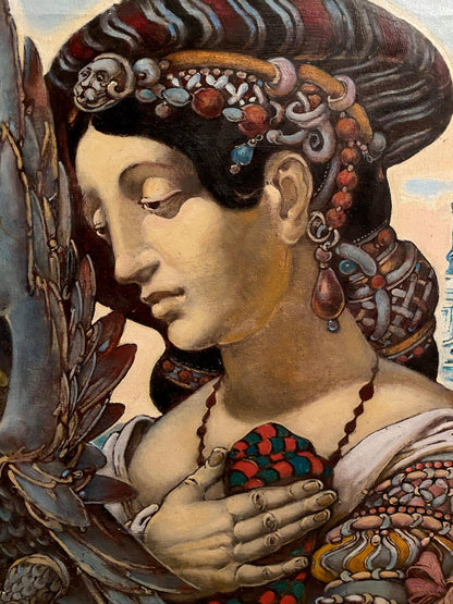 Dark-haired woman in jeweled skull headpiece in Oleg Litvinov Temptation oil painting