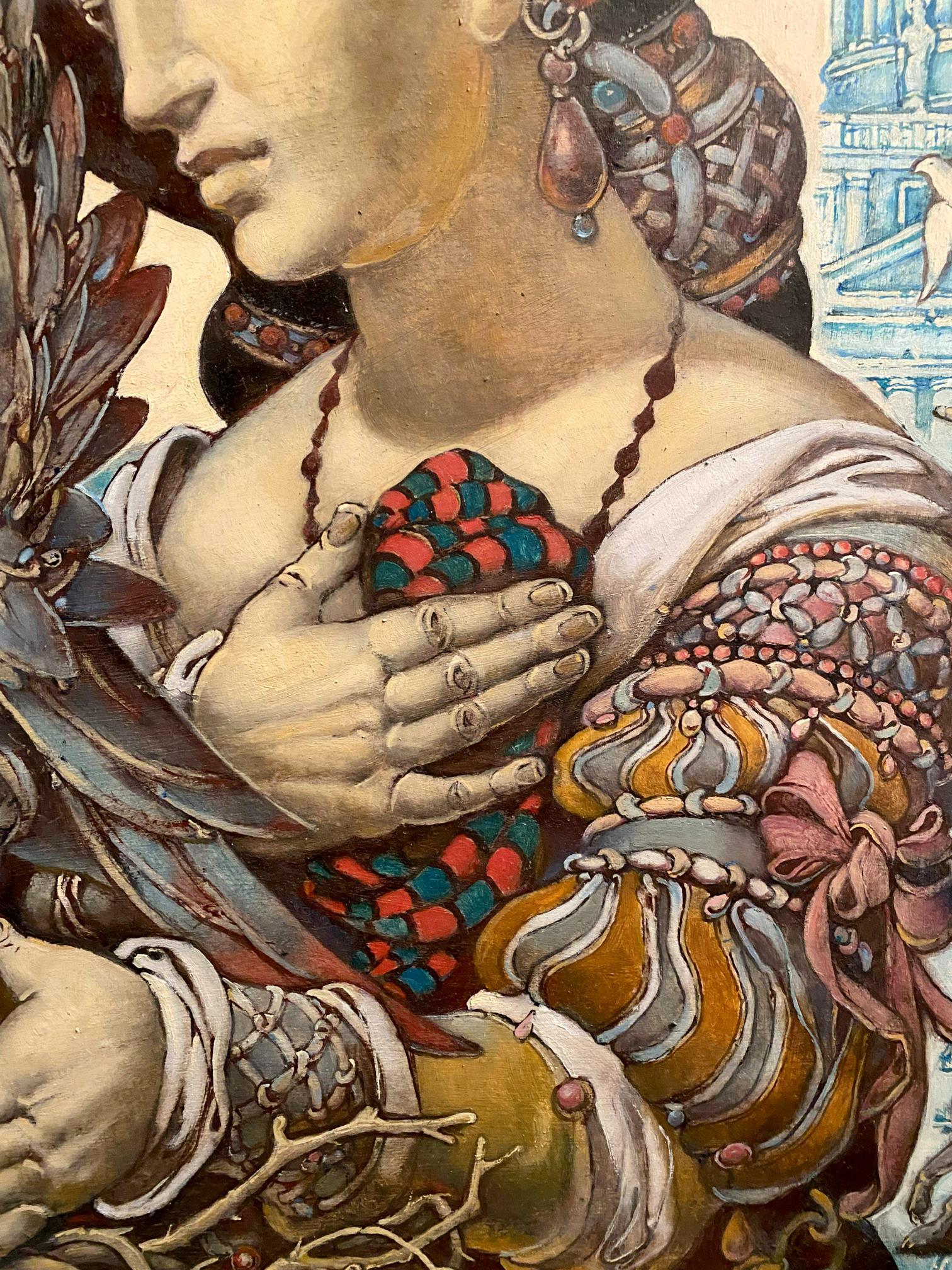 Woman’s jeweled hand cradles red-teal checkered heart in Oleg Litvinov oil painting